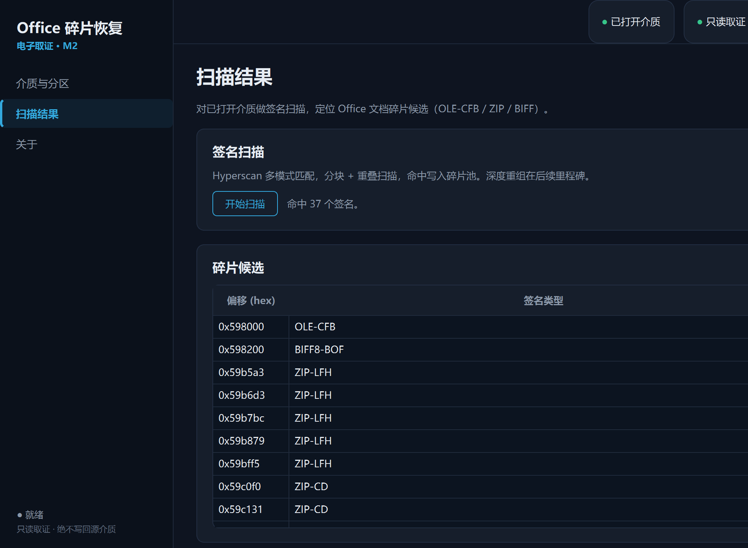 签名扫描界面：命中 OLE-CFB / ZIP / BIFF 碎片候选